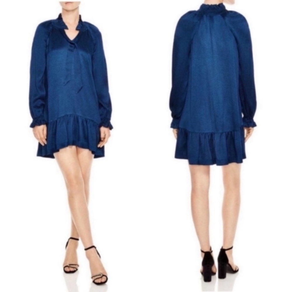 Sandro Dress Butterfly Frill Trim Mini Long Sleeve in Navy - Picture 2 of 10
